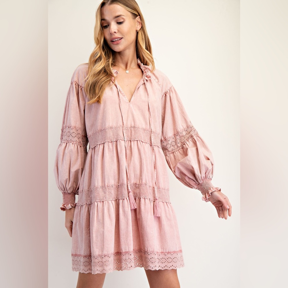 easel Pink Eyelet Tiered Midi Dress